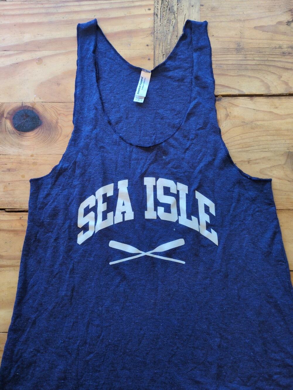 American Apparel Tank Top Large Navy Sea Isle City NJ Beach Print Soft Jersey